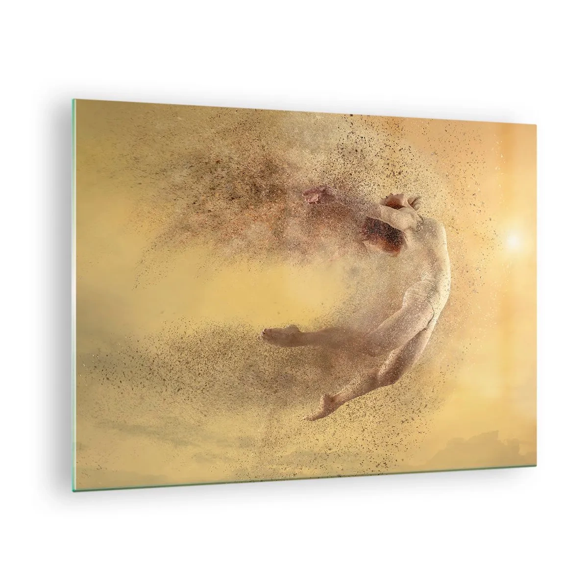 Glastavla - Bild på glas - En dansare i en dynamisk komposition mot en gyllene bakgrund - 70x50cm - Dansextas - Modern väggdekoration för vardagsrum och sovrum ARTTOR