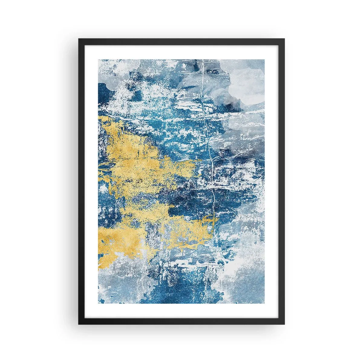 Affisch i svart ram - Abstrakt komposition av blått och guld i textur - 50x70cm - En väderfylld abstraktion - Modern väggdekoration för vardagsrum och sovrum ARTTOR