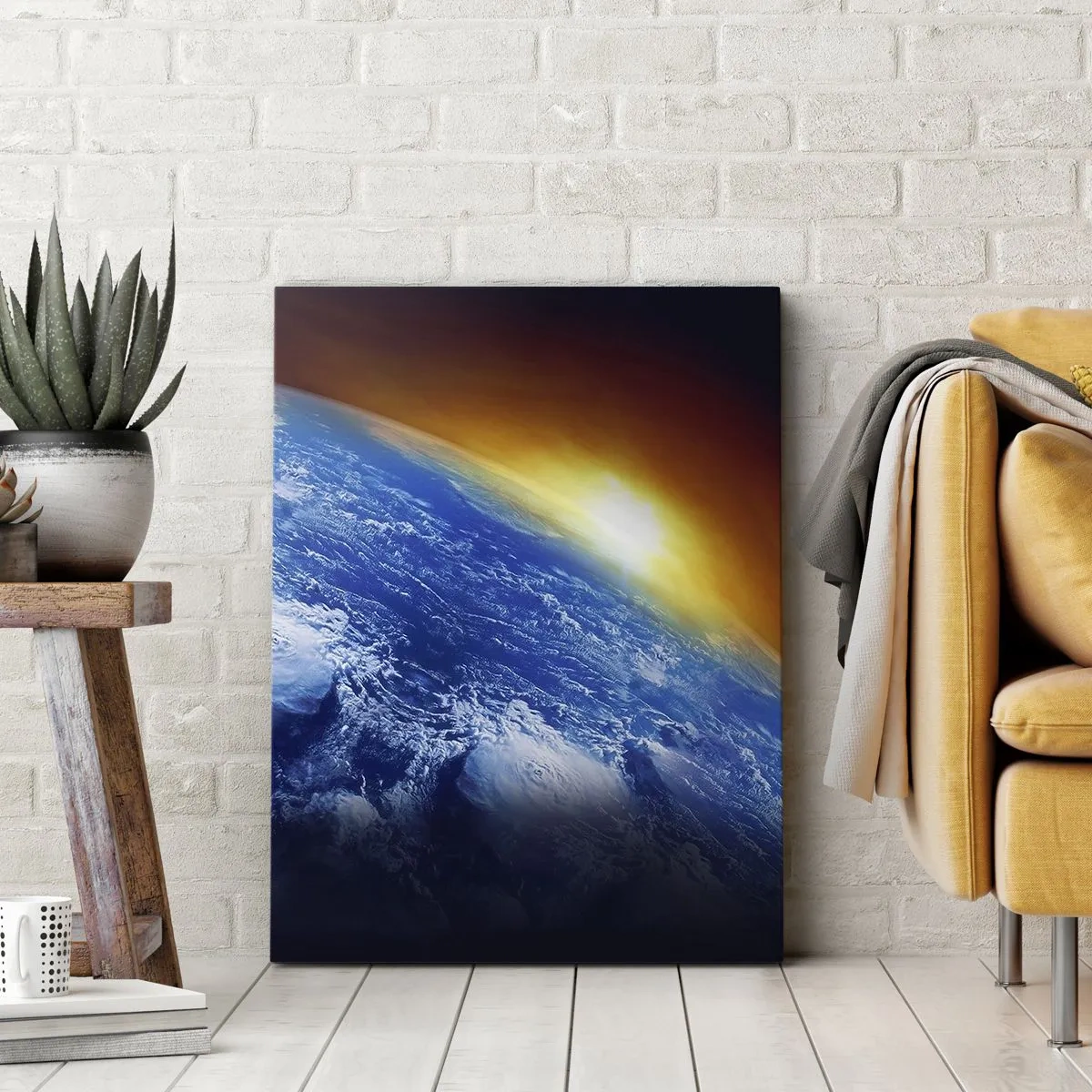 Canvastavla - Bild på duk - Soluppgång över den blåa planeten - 45x80 cm