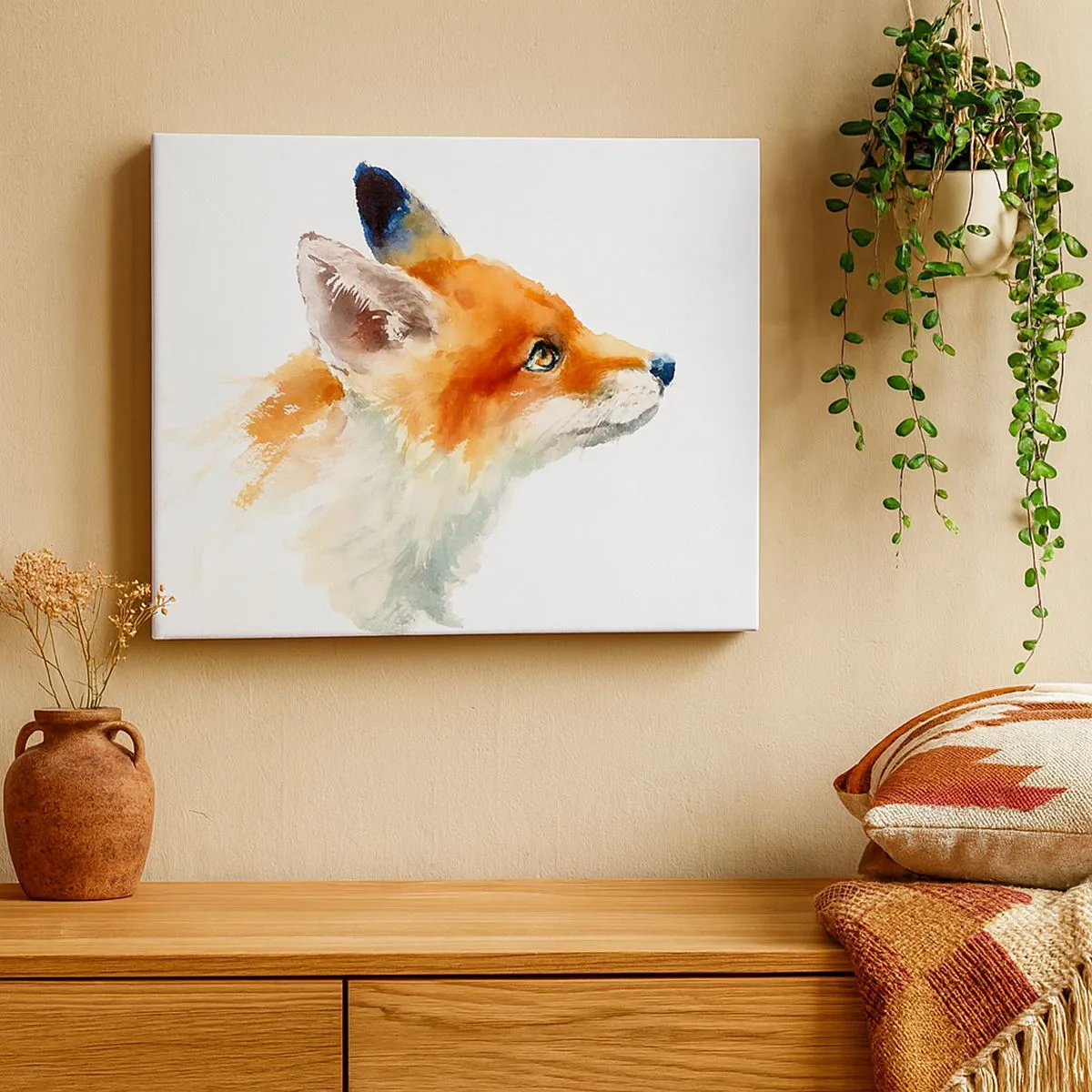 Canvastavla - Bild på duk - Röd räv i akvarellstil på en vit bakgrund - 70x50cm - Försiktighet skadar aldrig - Modern väggdekoration för vardagsrum och sovrum ARTTOR