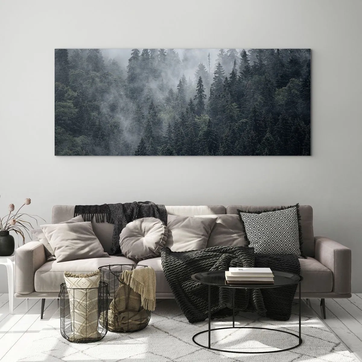 Glastavla - Bild på glas - Gryning i skogen - 90x30 cm