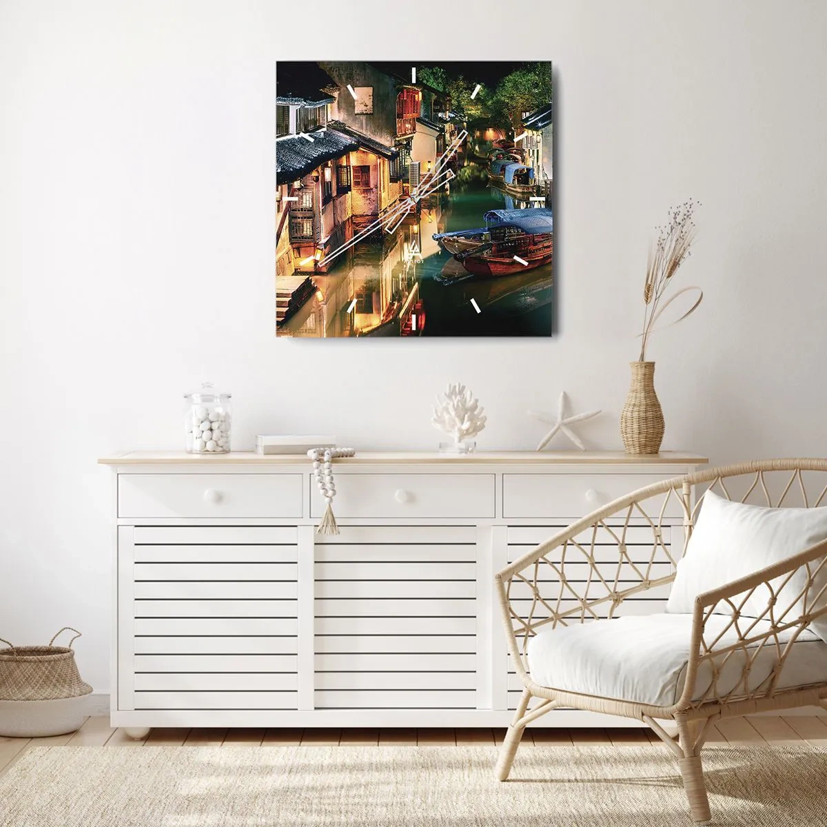 Väggklocka - Klocka på glas - En kväll på kinesisk gata - 40x40 cm