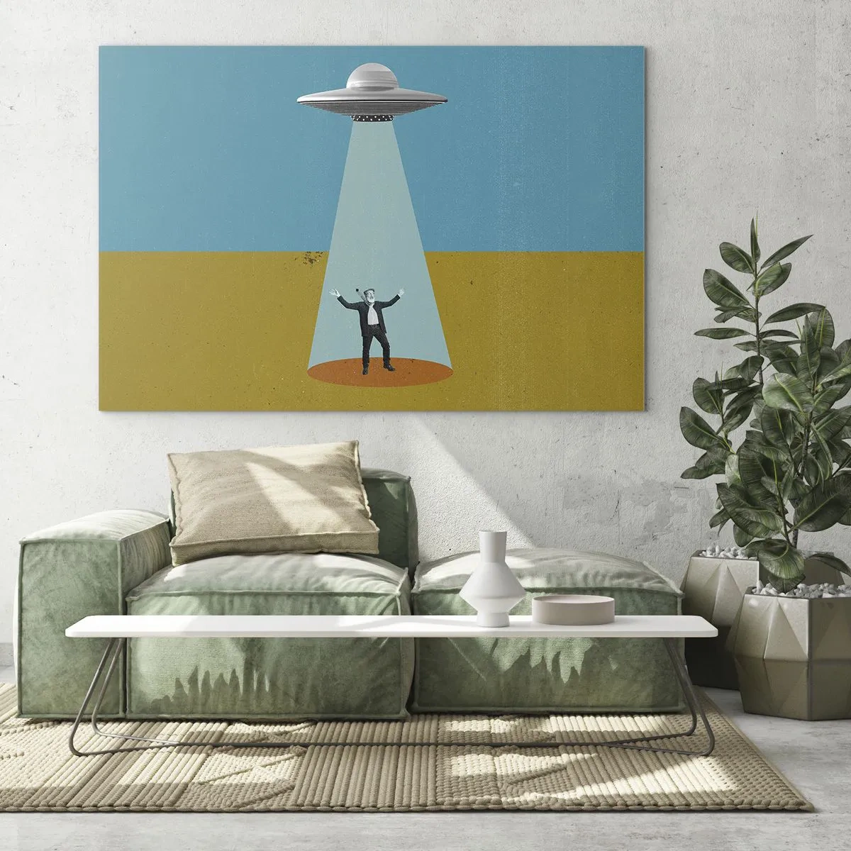 Glastavla - Bild på glas - En man i ljuset av ett rymdfat på en färgglad bakgrund - 70x50cm - Ett nära möte - Modern väggdekoration för vardagsrum och sovrum ARTTOR