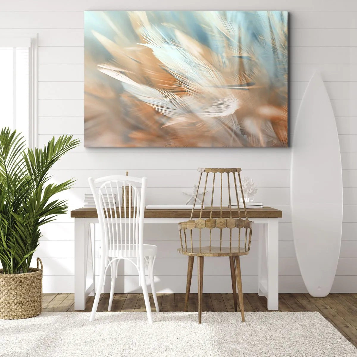 Canvastavla - Bild på duk - Fina fjädrar i pastellfärger av blått och orange - 70x50cm - I mildhetens land - Modern väggdekoration för vardagsrum och sovrum ARTTOR
