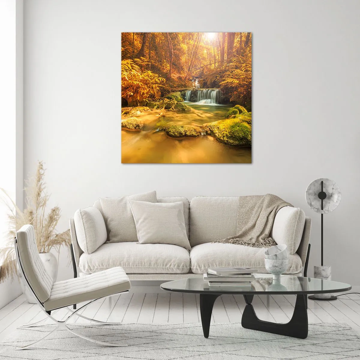 Glastavla - Bild på glas - Skogkaskad i gult - 70x70 cm