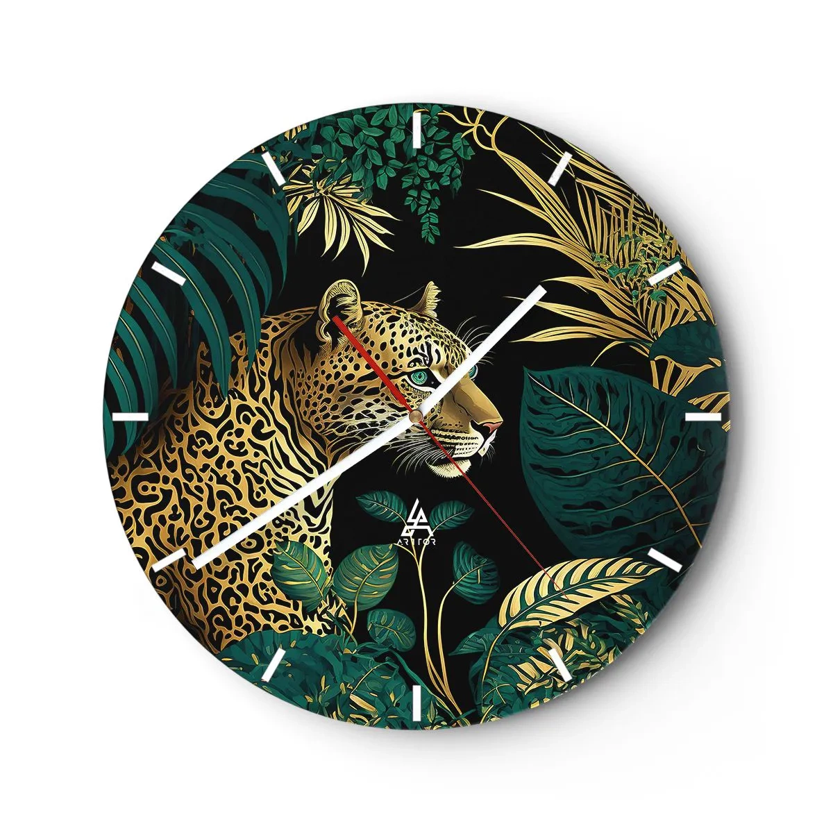 Väggklocka - Klocka på glas - Leopard bland tropiska löv på svart bakgrund - 30x30cm - Värden i djungeln - Modern väggdekoration för vardagsrum, kök och sovrum ARTTOR