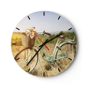 Väggklocka - Klocka på glas - En cykel med en korg full av blommor i ett fält på en solig dag - 30x30cm - Jag stannar här en stund - Modern väggdekoration för vardagsrum, kök och sovrum ARTTOR