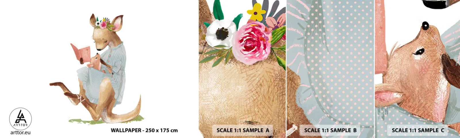 Provbit av självhäftande fototapet Deluxe Sticker - Mamma, läs för mig - För barn, Känguru, Mor Med Barn - 100x30 cm