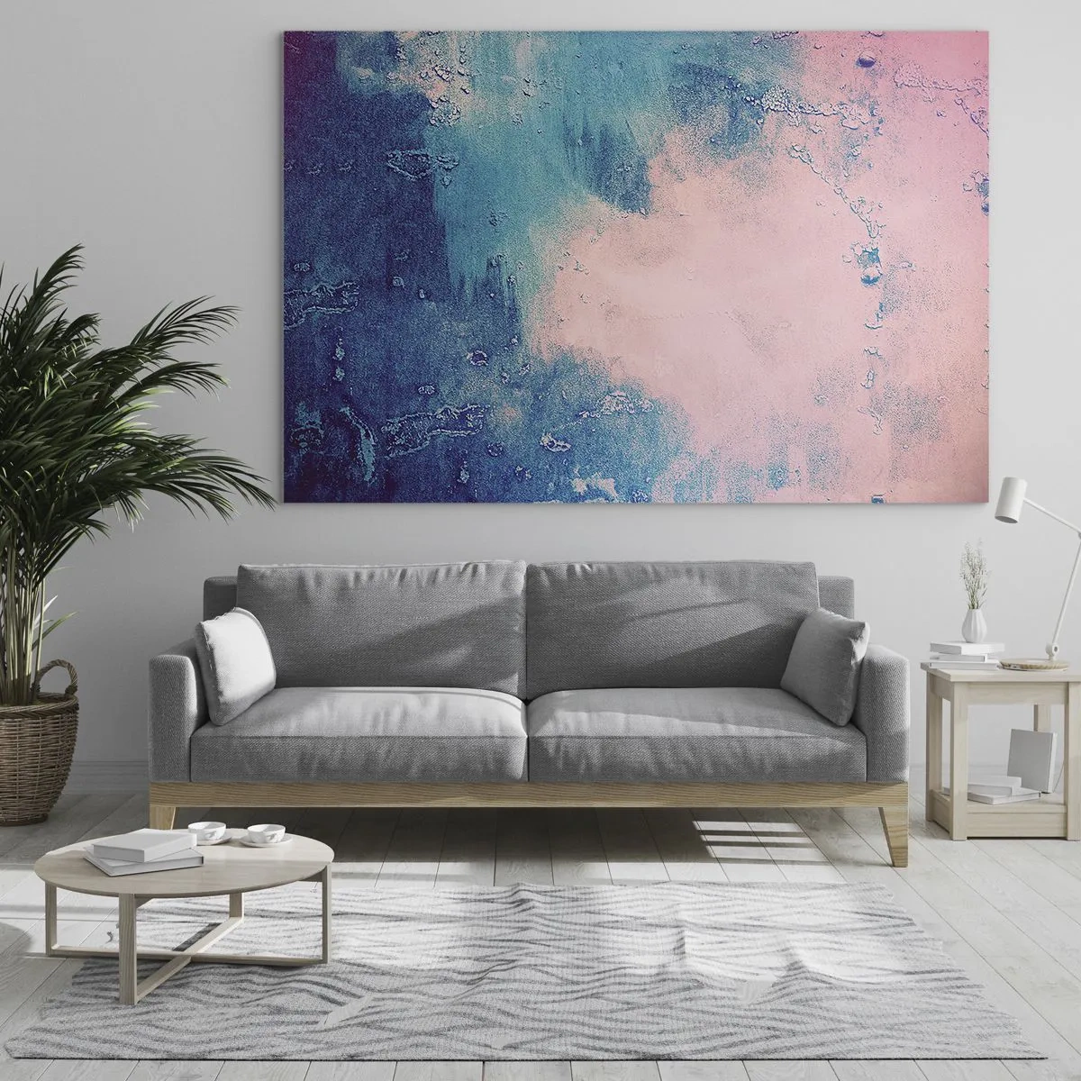 Glastavla - Bild på glas - En abstrakt kombination av blått och puderrosa med textur - 70x50cm - Blåa famnar - Modern väggdekoration för vardagsrum och sovrum ARTTOR