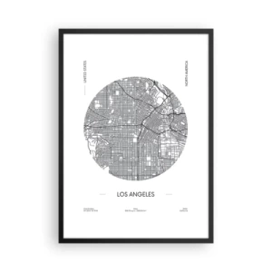 Affisch i svart ram - En minimalistisk karta över Los Angeles i svartvitt. - 50x70cm - Los Angeles anatomi - Modern väggdekoration för vardagsrum och sovrum ARTTOR