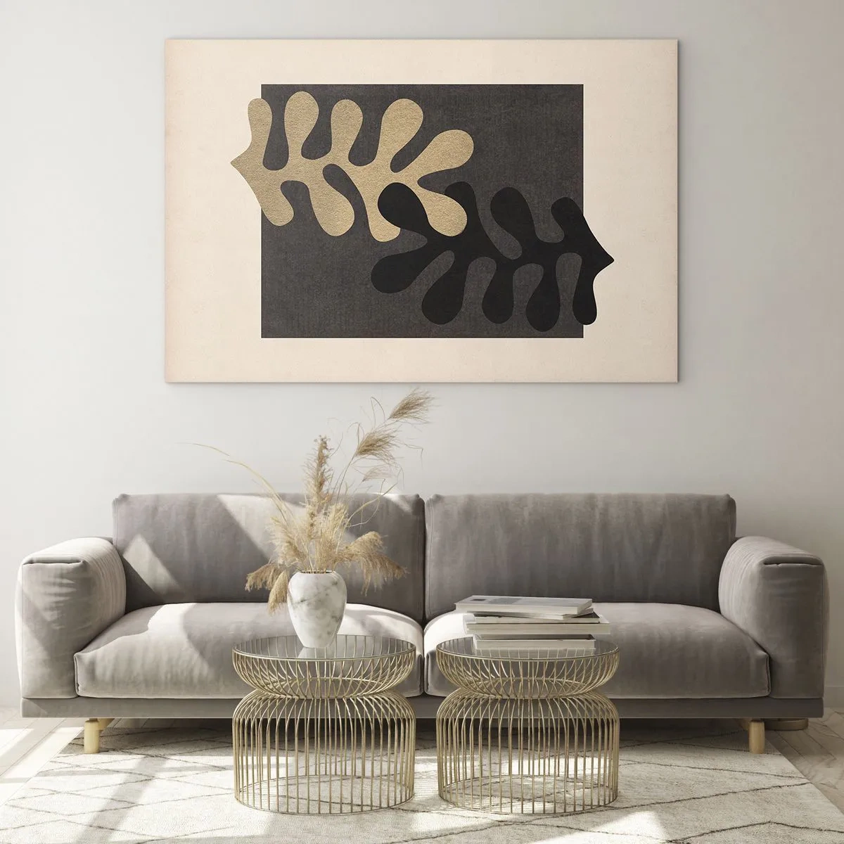 Glastavla - Bild på glas - Abstrakta former i svart och beige på en geometrisk bakgrund - 70x50cm - Brist och komplettering - Modern väggdekoration för vardagsrum och sovrum ARTTOR