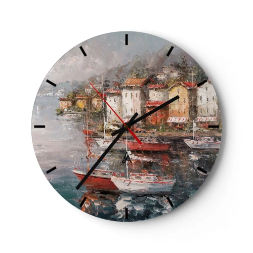 Väggklocka - Klocka på glas - En pittoresk hamn med segelbåtar och kustbyggnader - 30x30cm - Romantisk hamn - Modern väggdekoration för vardagsrum, kök och sovrum ARTTOR