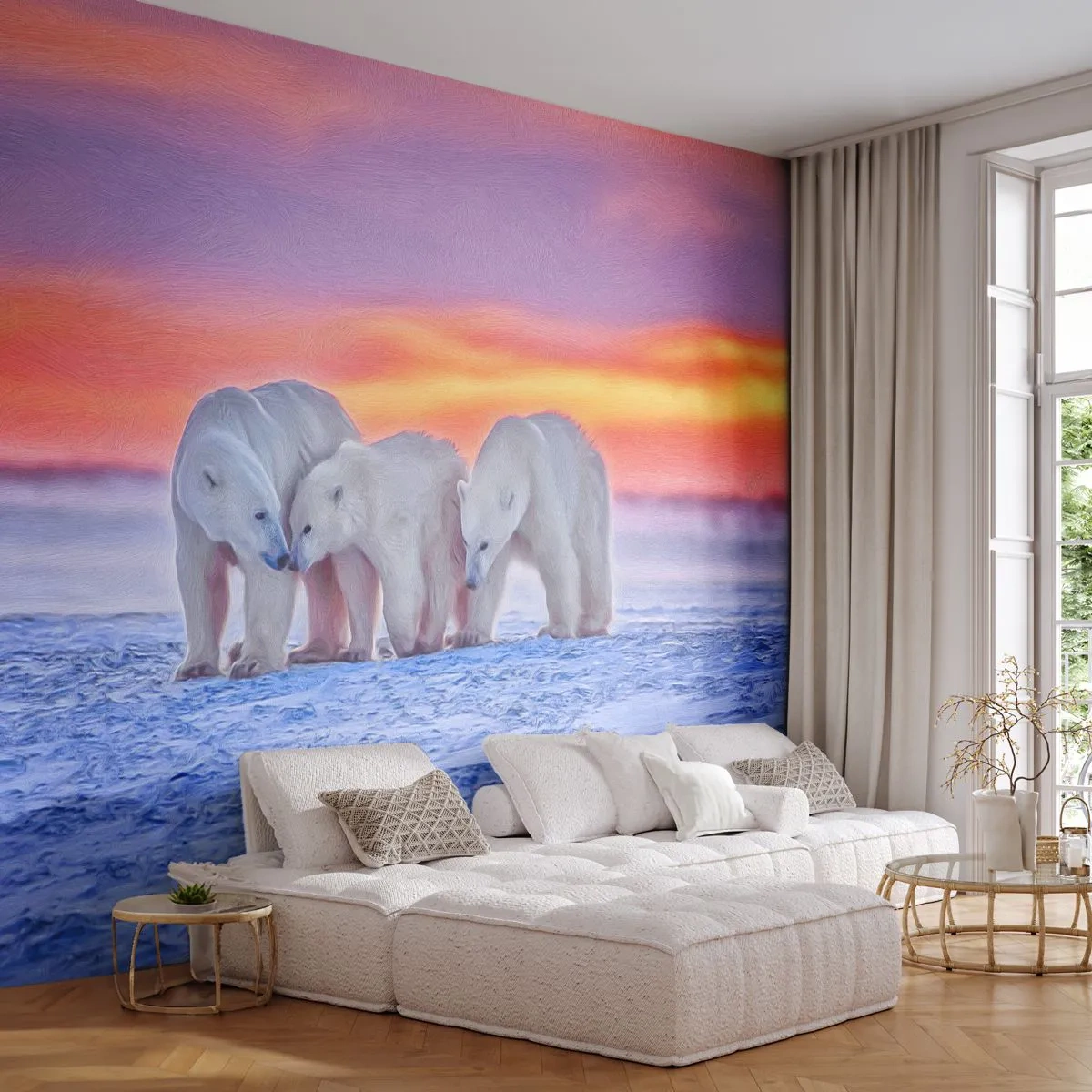 Fototapet Premium Canvas - Det räcker med familjevärme - Djur, Isbjörn, Snö - 250x175 cm
