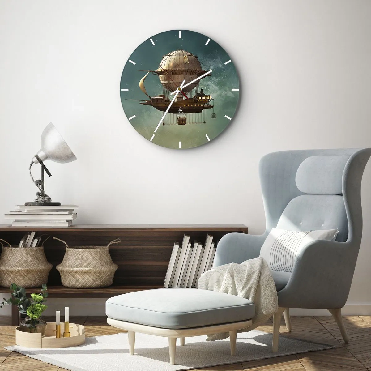 Väggklocka - Klocka på glas - Ett fantastiskt retro luftskepp som svävar i molnen - 30x30cm - Jules Verne hälsar - Modern väggdekoration för vardagsrum, kök och sovrum ARTTOR