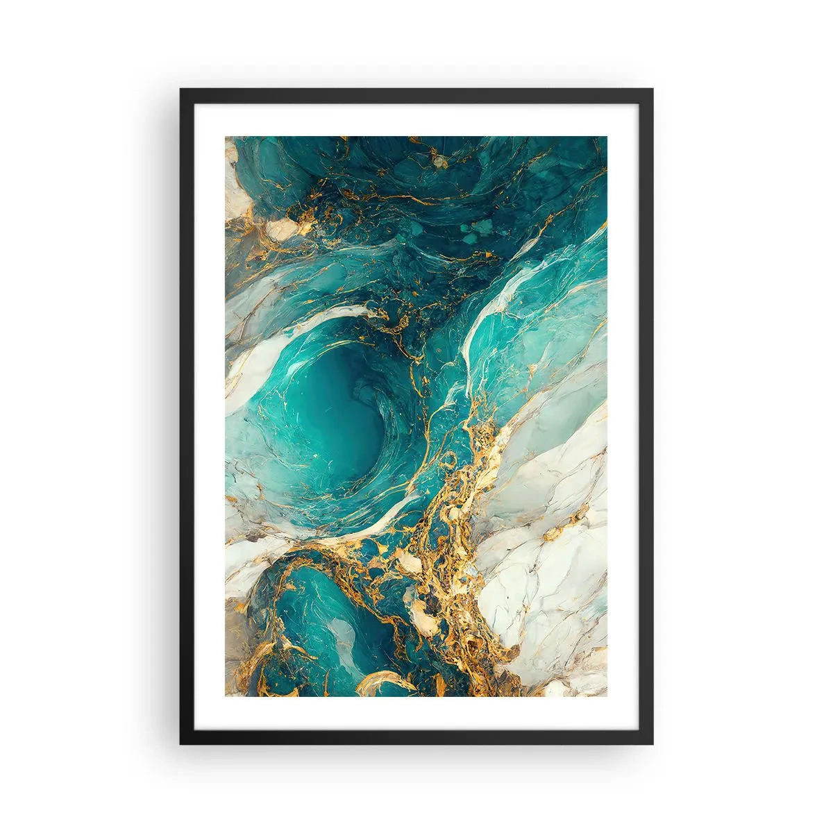 Affisch i svart ram - Turkos abstraktion med gulddetaljer - 50x70cm - En komposition med guldådror - Modern väggdekoration för vardagsrum och sovrum ARTTOR