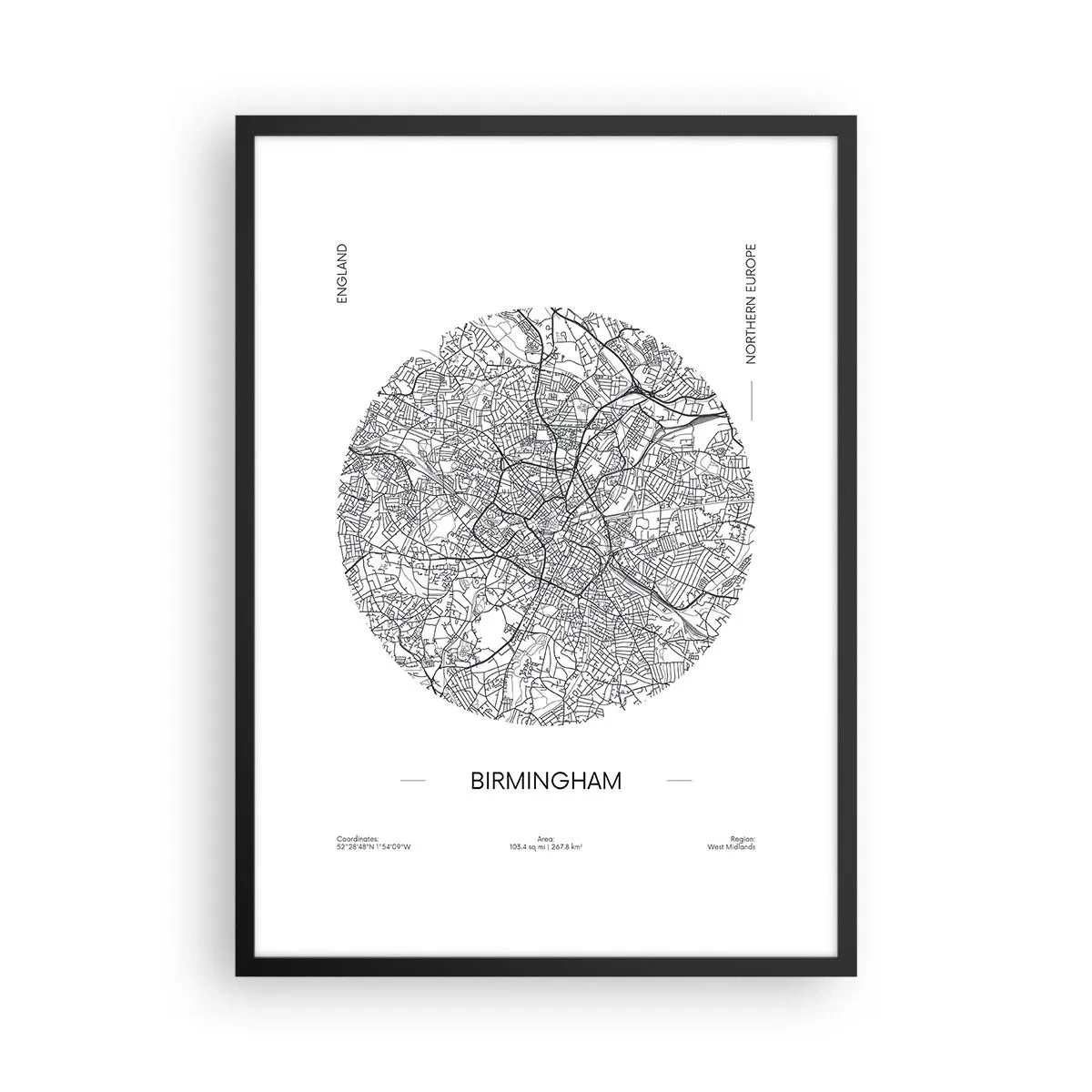 Affisch i svart ram - En minimalistisk svartvit karta över Birmingham - 50x70cm - Birminghams anatomi - Modern väggdekoration för vardagsrum och sovrum ARTTOR
