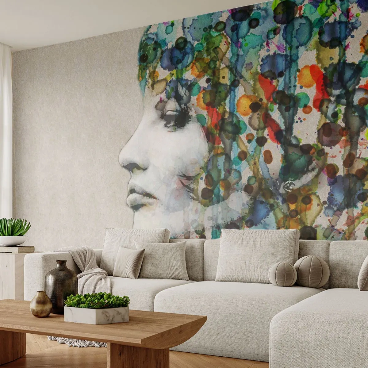 Självhäftande Fototapet Deluxe Sticker - Uppstånden ur glädje - Kvinnans ansikte, Abstraktion, Grafik - 250x175 cm