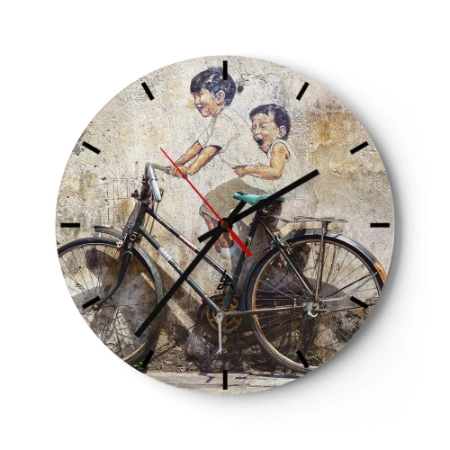 Väggklocka - Klocka på glas - En vägg med en målning av barn på cykel - 30x30cm - Sant eller falskt? - Modern väggdekoration för vardagsrum, kök och sovrum ARTTOR