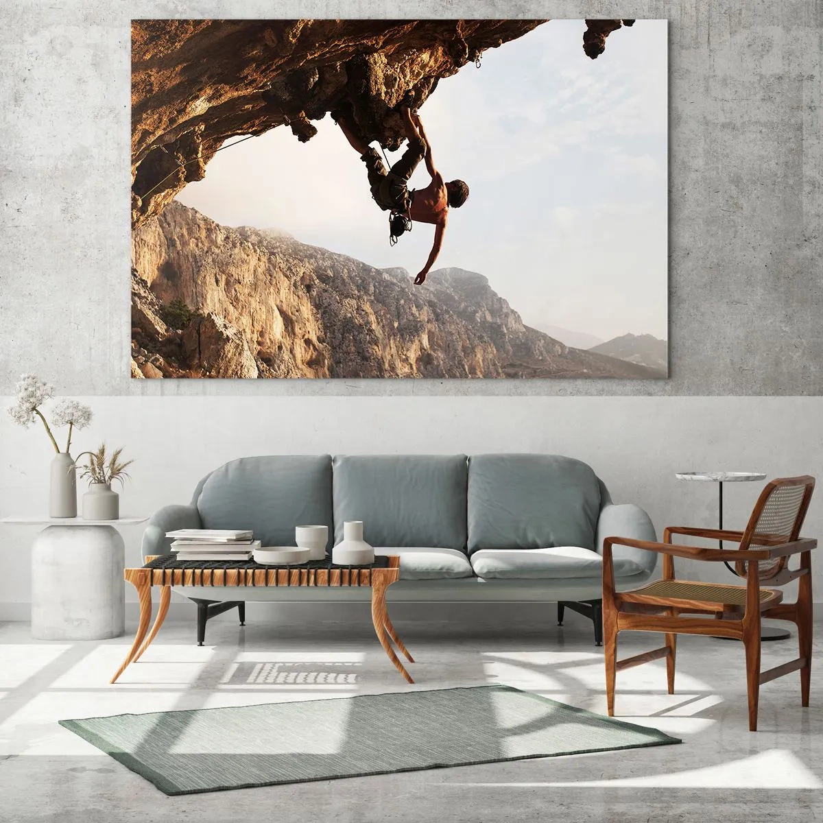 Glastavla - Bild på glas - Klättra på en vertikal klippa i ett bergslandskap - 70x50cm - Världen i näven - Modern väggdekoration för vardagsrum och sovrum ARTTOR