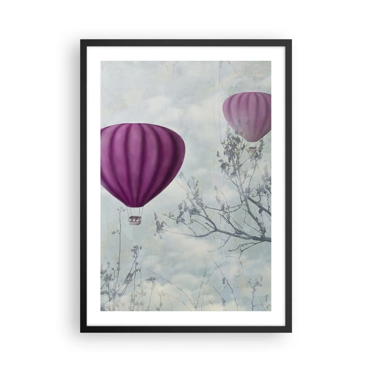 Affisch i svart ram - Lila ballonger som svävar bland trädgrenarna - 50x70cm - Som båtar på himlen - Modern väggdekoration för vardagsrum och sovrum ARTTOR