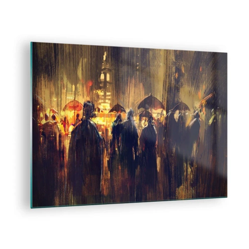 Glastavla - Bild på glas - En folkmassa med paraplyer i regnet mot bakgrund av stadsljus - 70x50cm - Regnbekännare - Modern väggdekoration för vardagsrum och sovrum ARTTOR