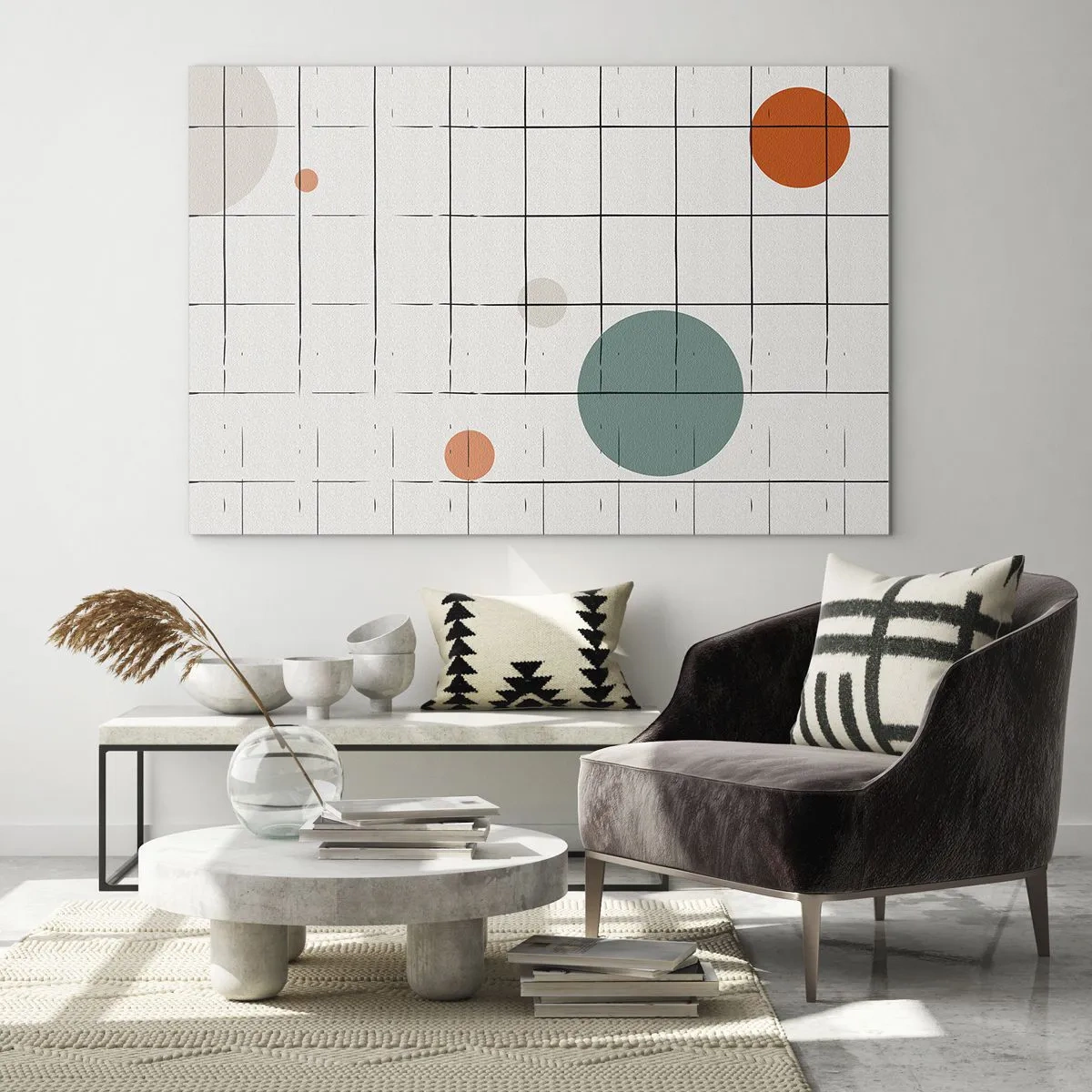 Glastavla - Bild på glas - Färgglada cirklar på ett geometriskt rutnät av tunna linjer - 70x50cm - Fångade. Vi eller de? - Modern väggdekoration för vardagsrum och sovrum ARTTOR