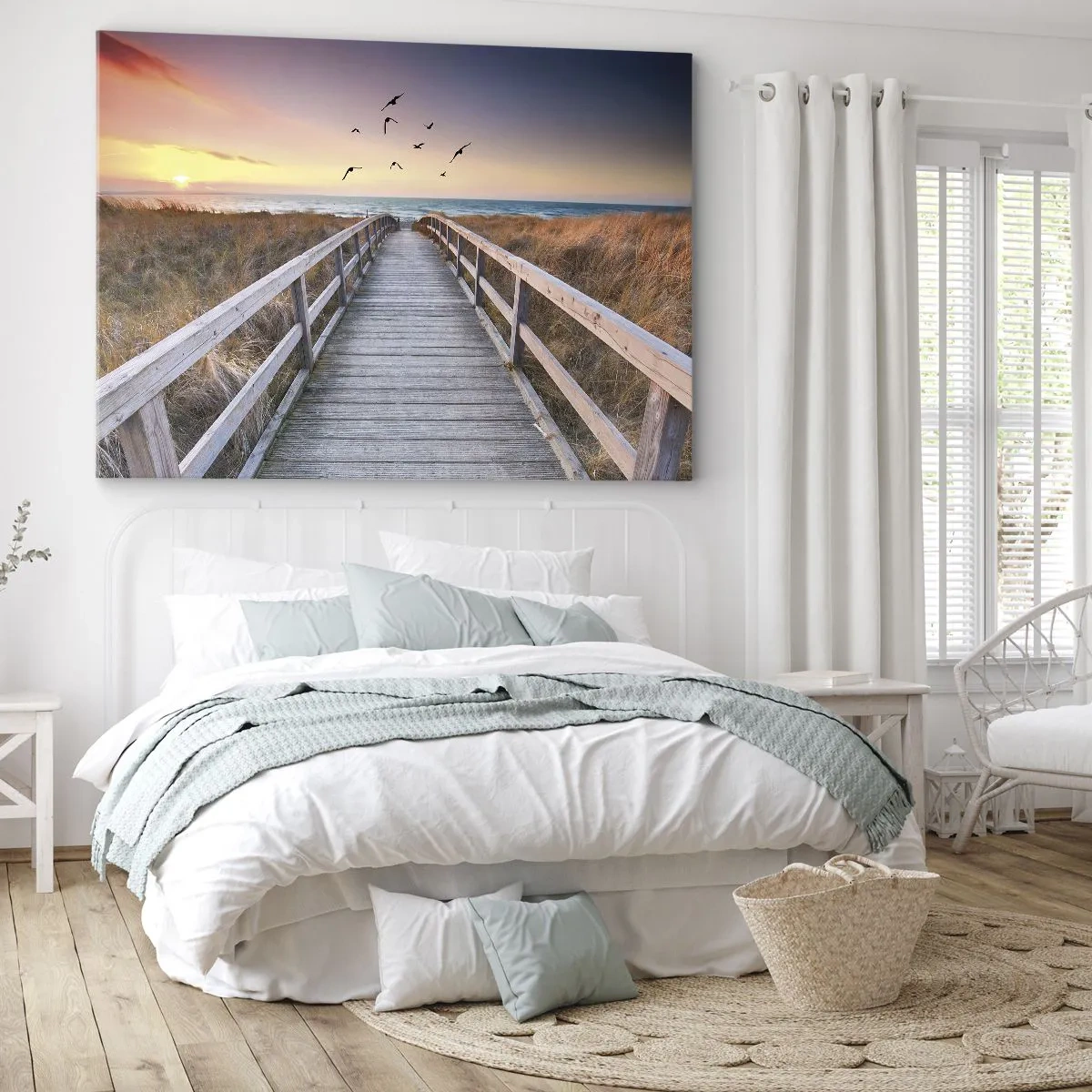 Canvastavla - Bild på duk - Träbrygga som leder till stranden vid solnedgången - 70x50cm - Startbana - Modern väggdekoration för vardagsrum och sovrum ARTTOR