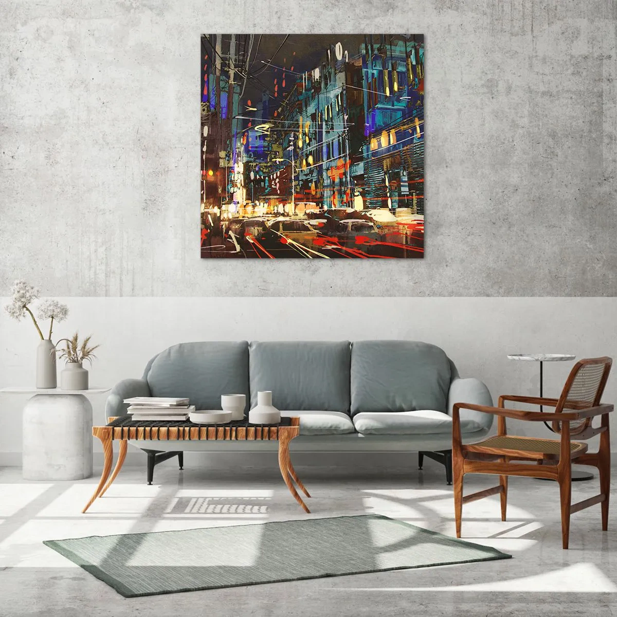 Glastavla - Bild på glas - Gatans kvällsbuller - 70x70 cm