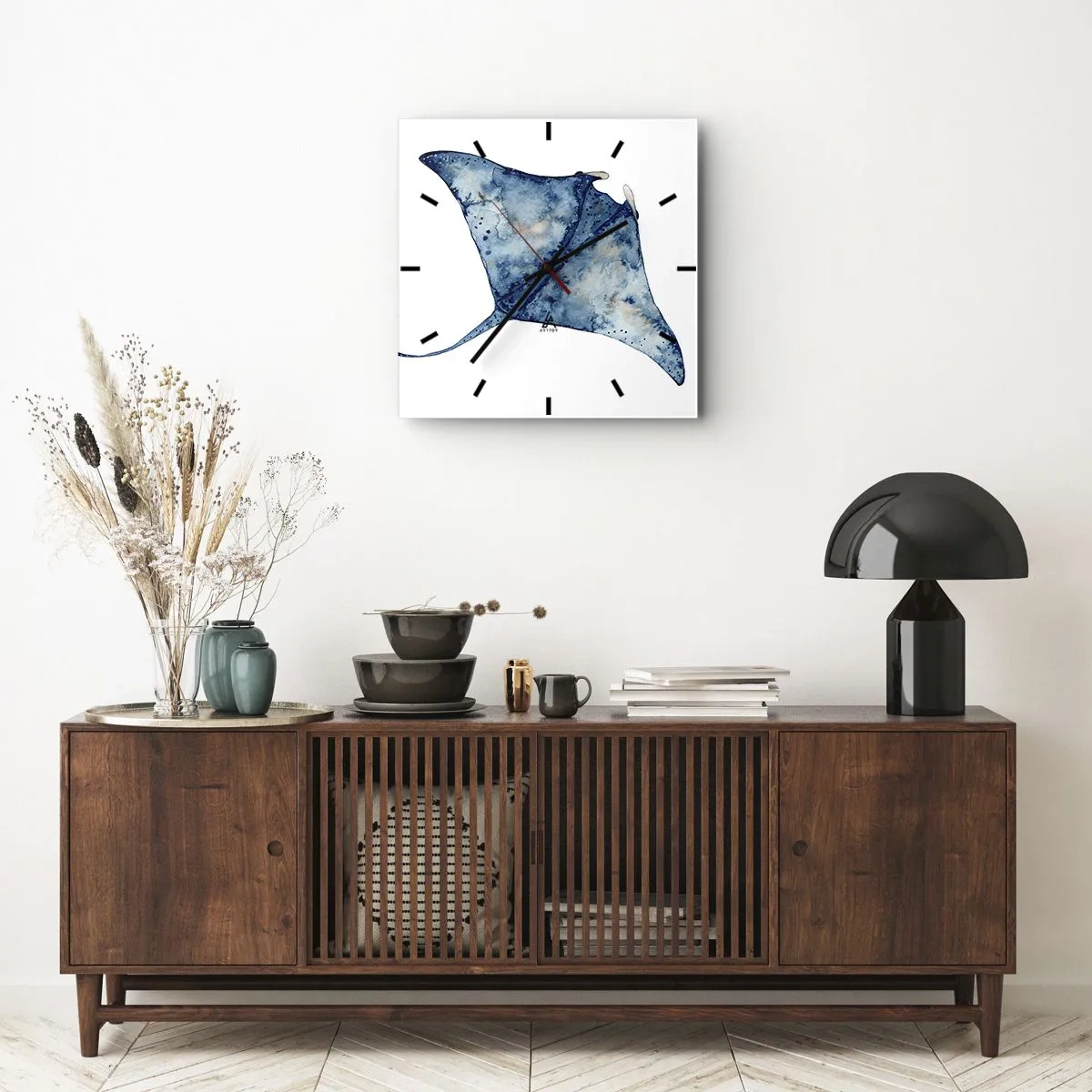 Väggklocka - Klocka på glas - Liv i blått - 40x40 cm