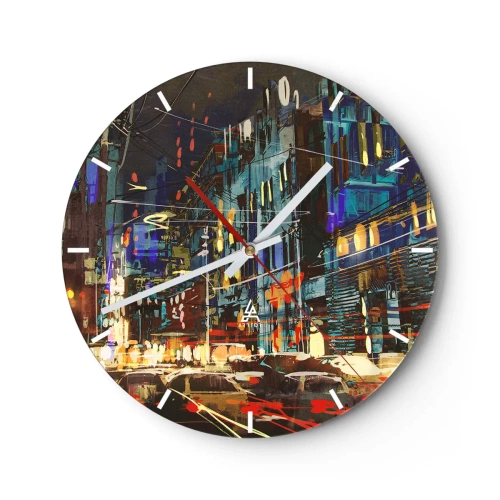Väggklocka - Klocka på glas - En färgglad abstrakt bild som visar en nattstad - 30x30cm - Gatans kvällsbuller - Modern väggdekoration för vardagsrum, kök och sovrum ARTTOR