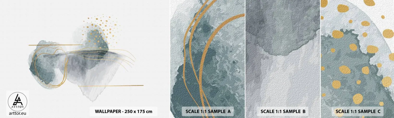 Provbit av självhäftande fototapet Deluxe Sticker - Om gråhetens och guldets förhållanden - Abstraktion, Bit, Intressanta former - 100x30 cm