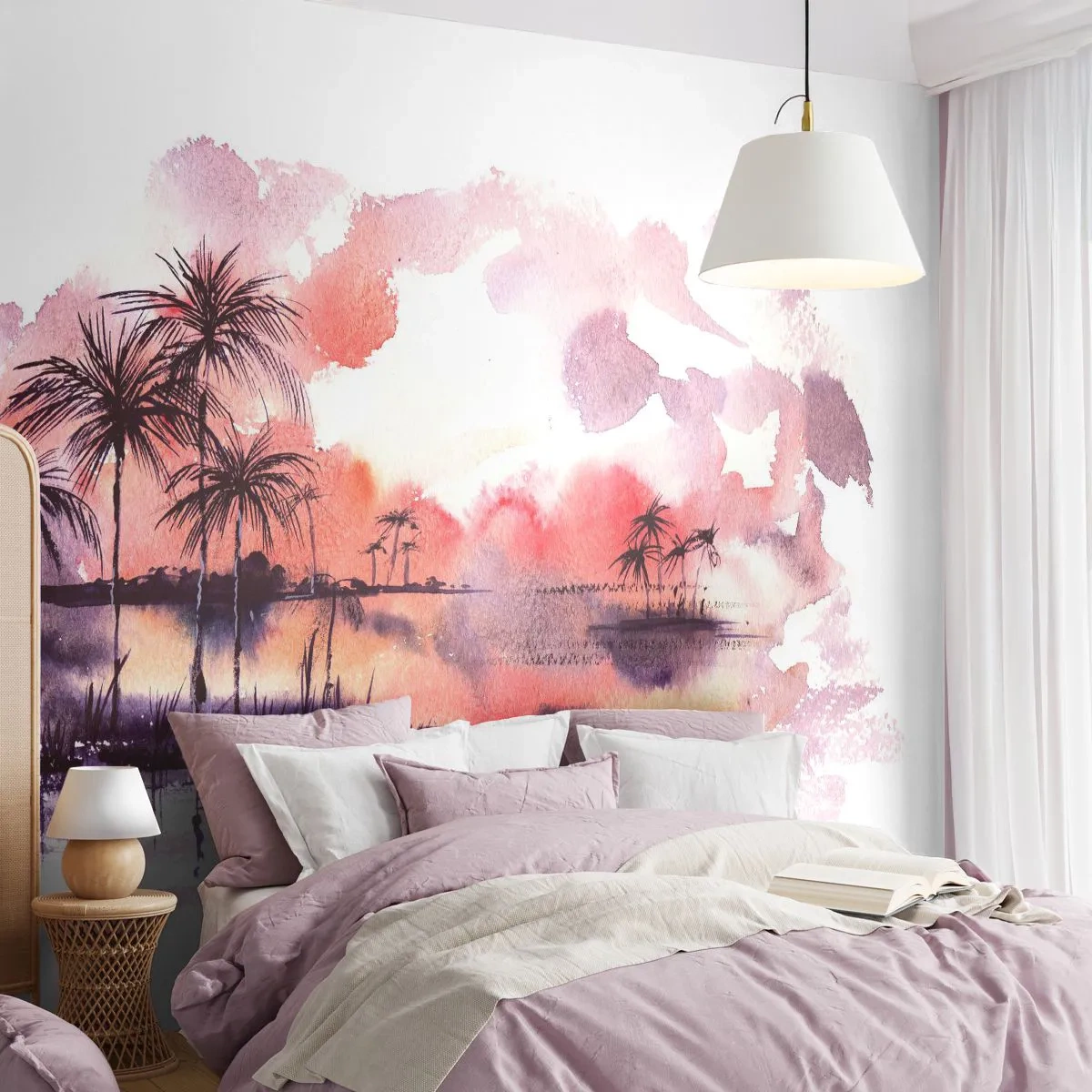 Fototapet Standard Eco - Solnedgång över ett tropiskt landskap i akvarell - 100x70cm - Tropikens ro i rött - Modern väggdekoration för vardagsrum och sovrum ARTTOR