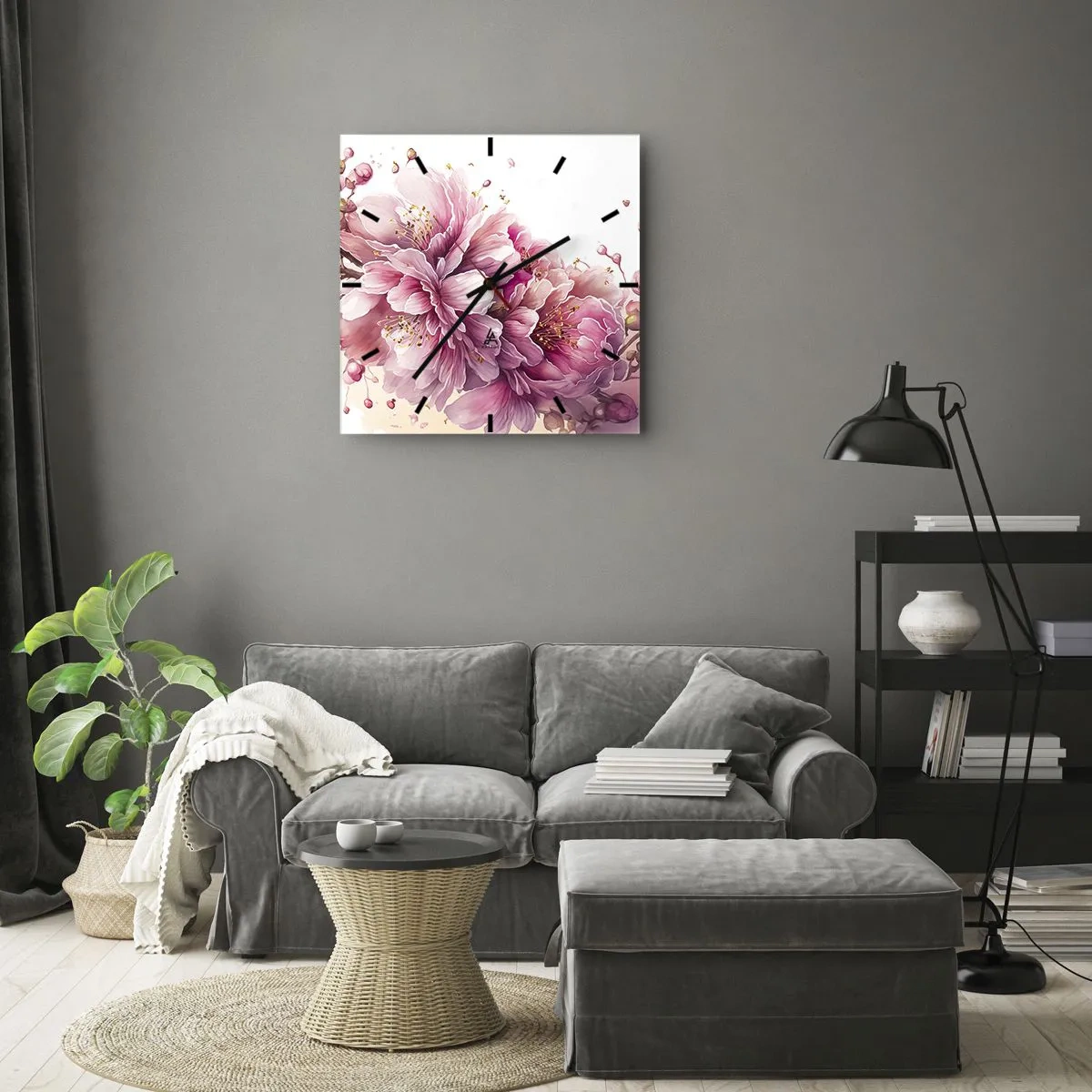 Väggklocka - Klocka på glas - Blommande körsbärsblomma - 30x30 cm