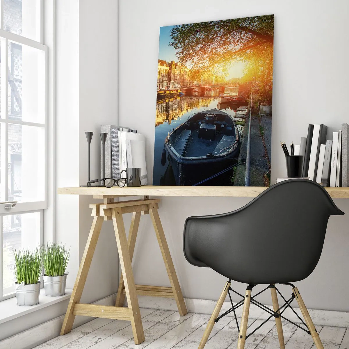 Glastavla - Bild på glas - En morgon i Amsterdam - 50x70 cm