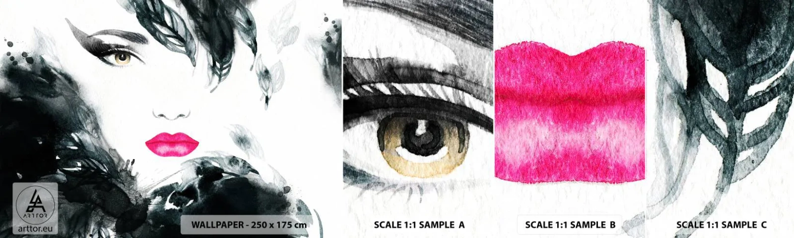 Fototapet Prov Standard Eco - Observera! Femme fatale - Abstraktion, Kvinnans ansikte, Porträtt av en kvinna - 100x30 cm