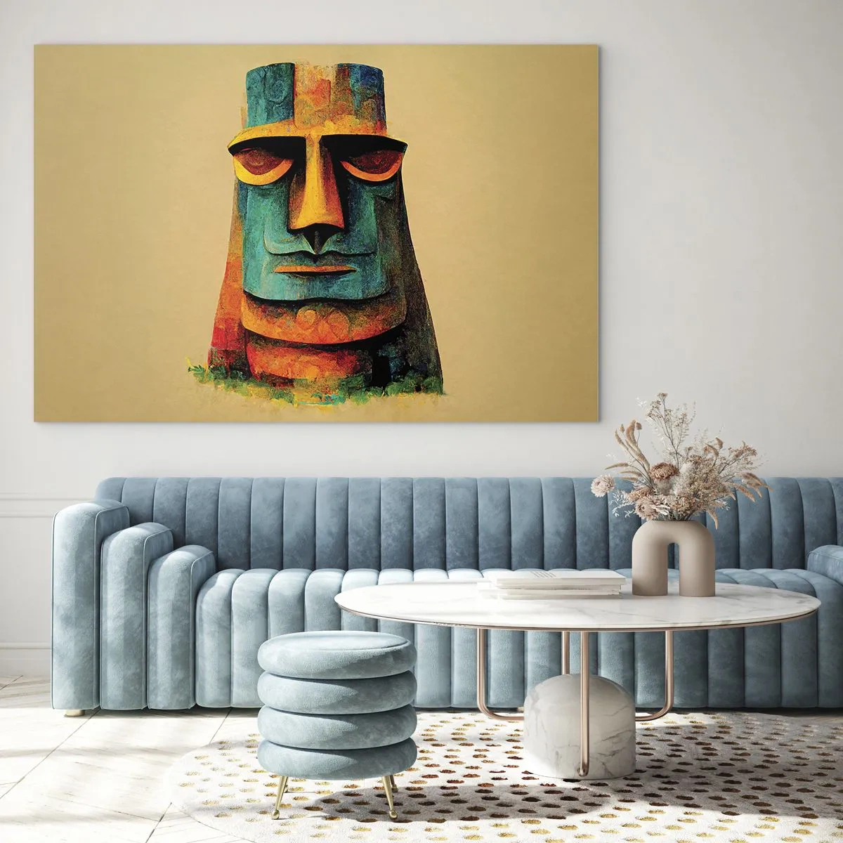 Glastavla - Bild på glas - Ett färgstarkt porträtt inspirerat av en stenstaty mot beige bakgrund. - 70x50cm - Statylik, men ändå sympatisk - Modern väggdekoration för vardagsrum och sovrum ARTTOR