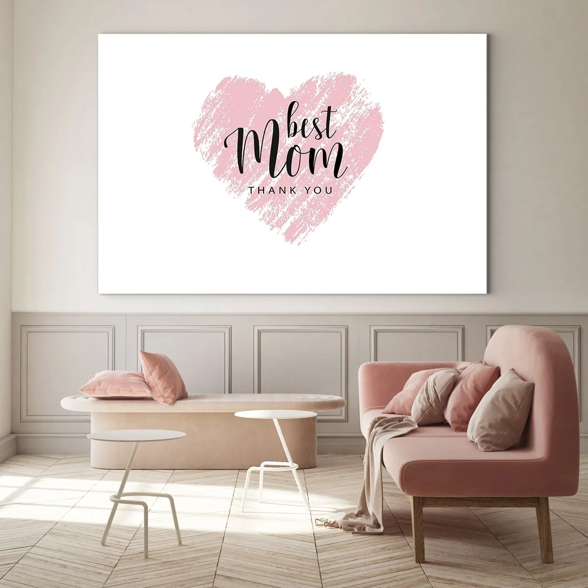 Glastavla - Bild på glas - Ett rosa hjärta med orden "Bästa mamma" på vit bakgrund - 70x50cm - Alltid rätt ögonblick - Modern väggdekoration för vardagsrum och sovrum ARTTOR