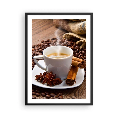 Affisch i svart ram - En kopp kaffe med kryddor på en bakgrund av kaffebönor - 50x70cm - Rotsmak och -arom - Modern väggdekoration för vardagsrum och sovrum ARTTOR
