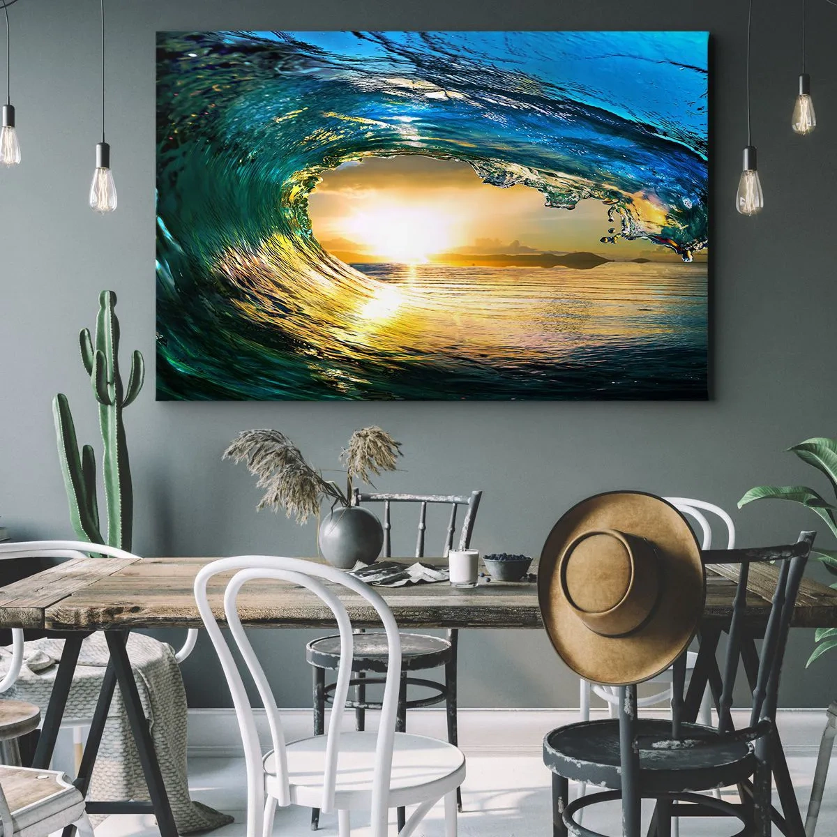 Canvastavla - Bild på duk - Havsvåg i solen med utsikt över horisonten - 70x50cm - I smaragd-guld kristall - Modern väggdekoration för vardagsrum och sovrum ARTTOR