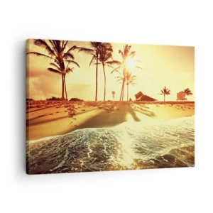 Canvastavla - Bild på duk - En strand med palmer upplysta av en varm solnedgång - 70x50cm - Kalifornisk morgon - Modern väggdekoration för vardagsrum och sovrum ARTTOR
