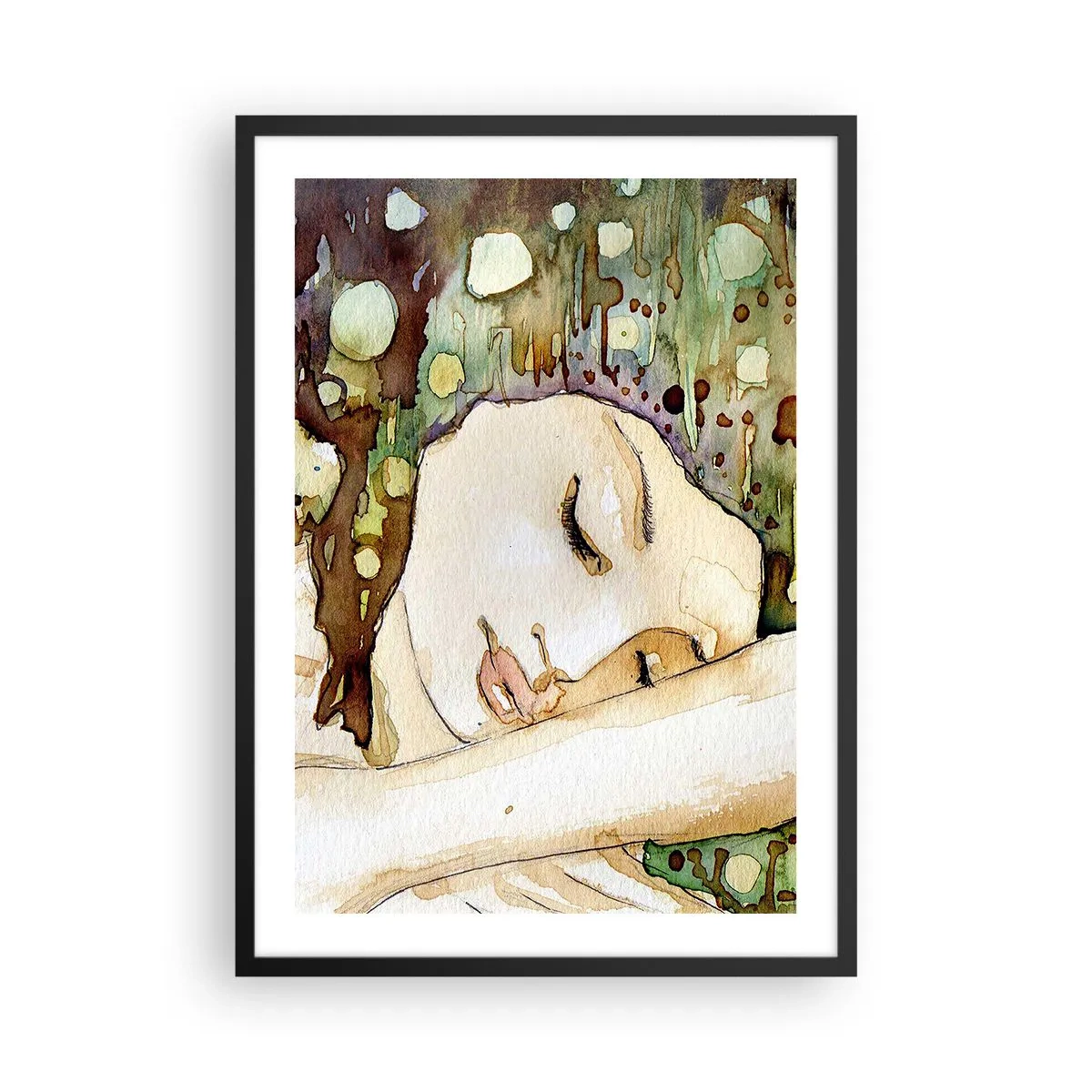 Affisch i svart ram - Konstnärligt akvarellporträtt av en sovande kvinna - 50x70cm - Smaragd-viol dröm - Modern väggdekoration för vardagsrum och sovrum ARTTOR