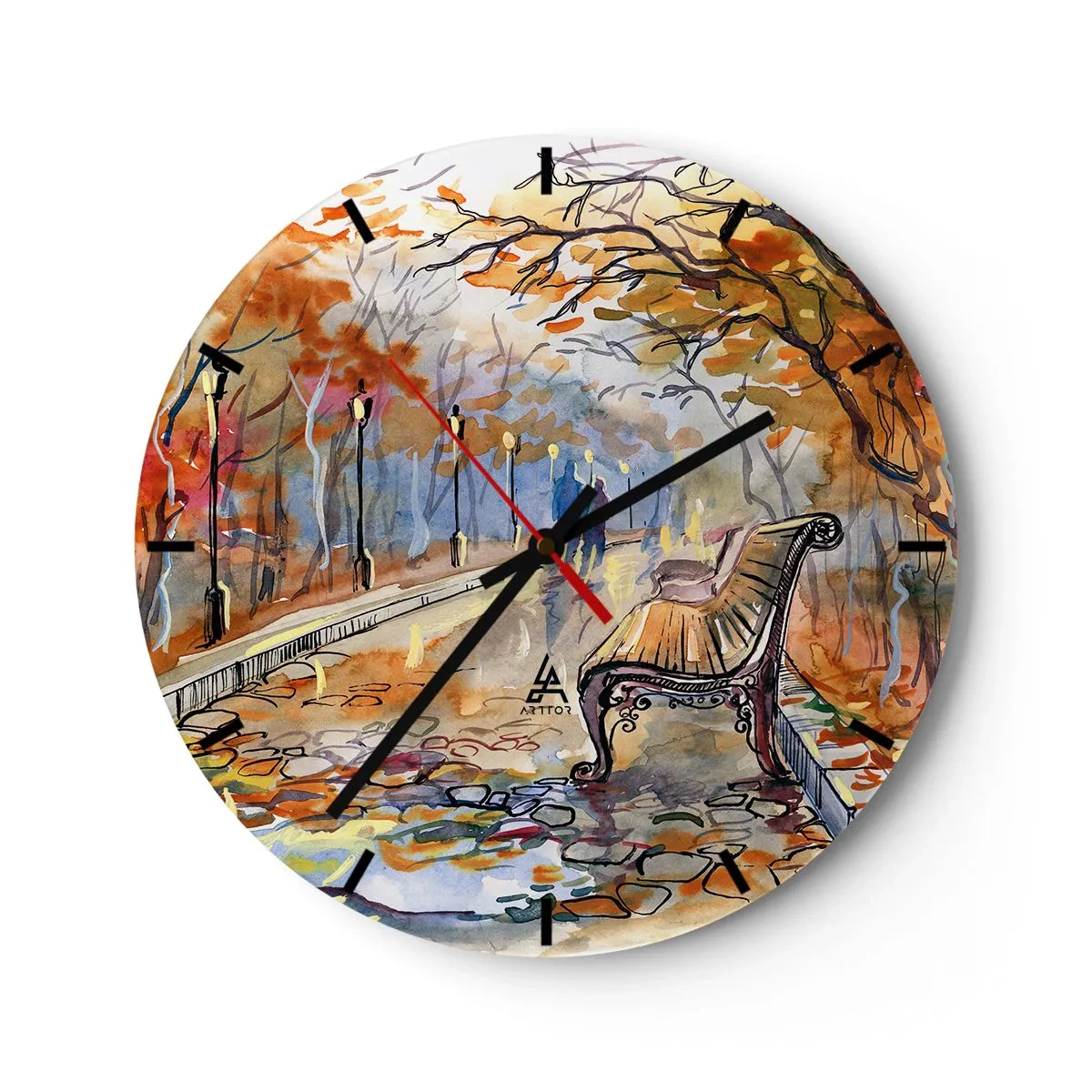 Väggklocka - Klocka på glas - Höstpark med en bänk i akvarellstil - 30x30cm - Vandra tillsammans mot hösten - Modern väggdekoration för vardagsrum, kök och sovrum ARTTOR