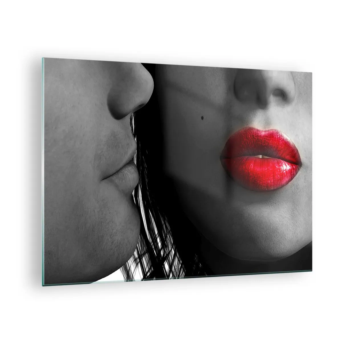 Glastavla - Bild på glas - Sensuella läppar i en kontrasterande bild - 70x50cm - Ansikte vid ansikte  - Modern väggdekoration för vardagsrum och sovrum ARTTOR