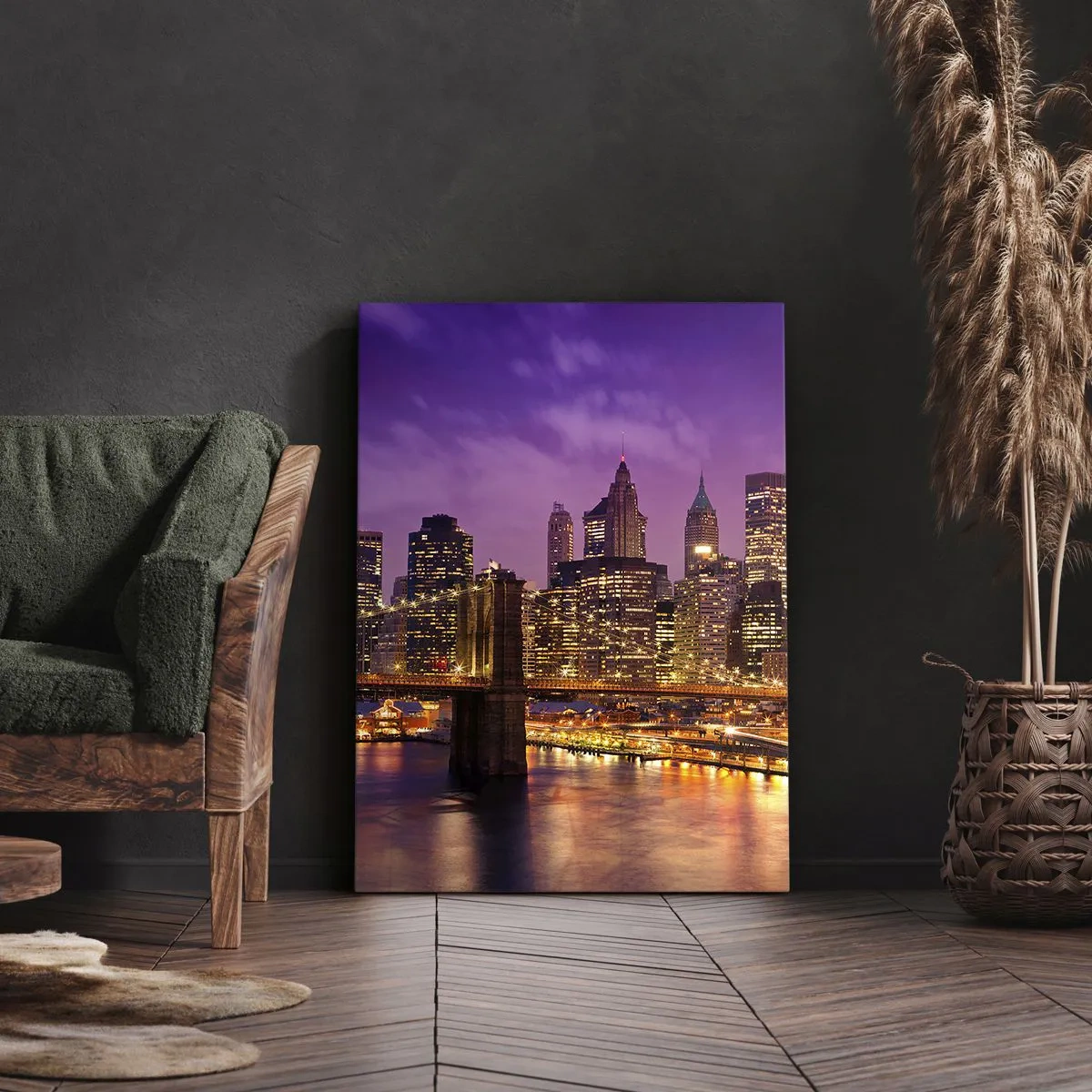 Canvastavla - Bild på duk - Manhattan i violett och guld - 55x100 cm