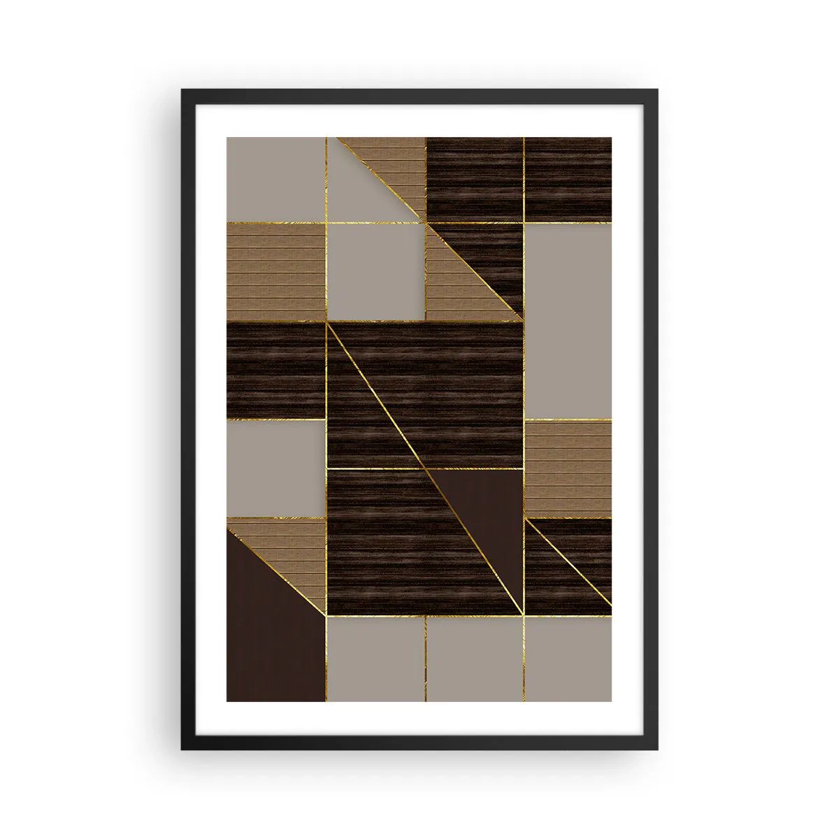 Affisch i svart ram - Geometrisk komposition i bruna och guldfärgade nyanser - 50x70cm - Mosaik av brun och guld - Modern väggdekoration för vardagsrum och sovrum ARTTOR