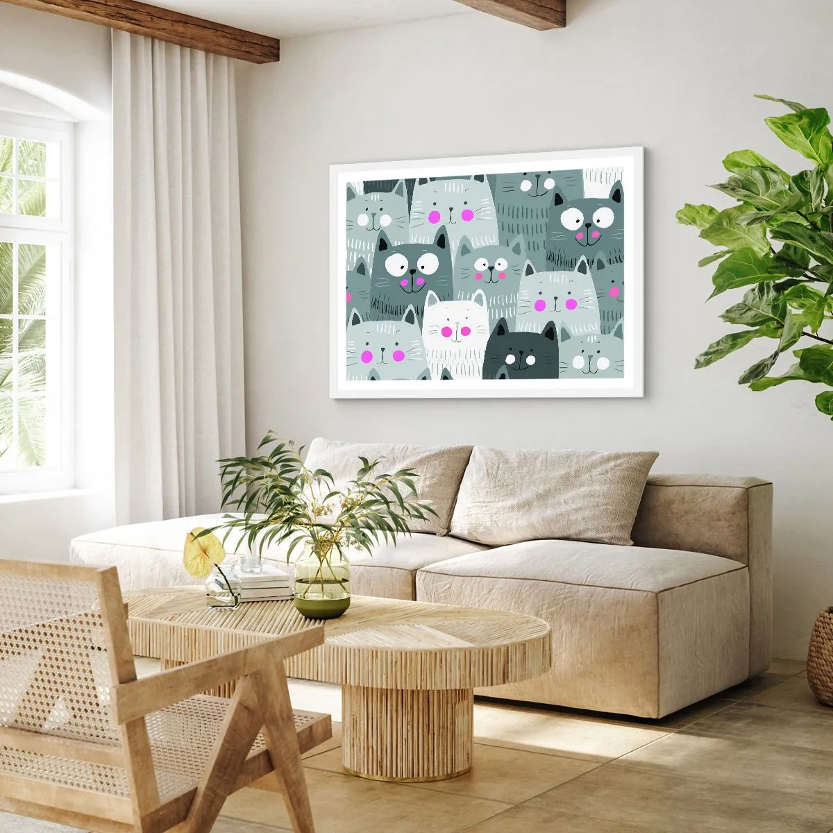 Affisch i vit ram - Katternas värld - 100x70 cm