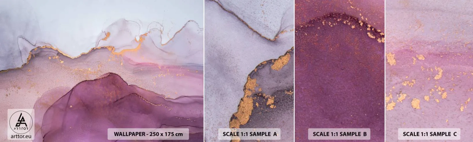 Provbit av självhäftande fototapet Deluxe Sticker - Lila och violett vågor - Abstraktion, Bit, Modern konst. - 100x30 cm