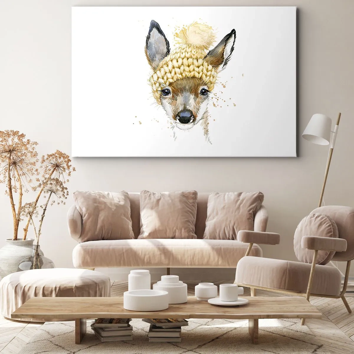 Canvastavla - Bild på duk - Akvarell hjort i en gul mössa - 70x50cm - För vinter i insnöad skog - Modern väggdekoration för vardagsrum och sovrum ARTTOR