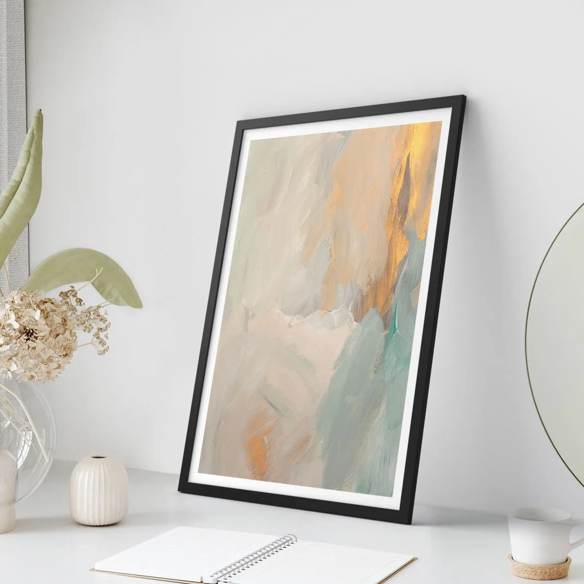 Affisch i svart ram - Abstrakt målningskomposition i pastellfärger - 50x70cm - Abstraktion - ett land av mildhet - Modern väggdekoration för vardagsrum och sovrum ARTTOR