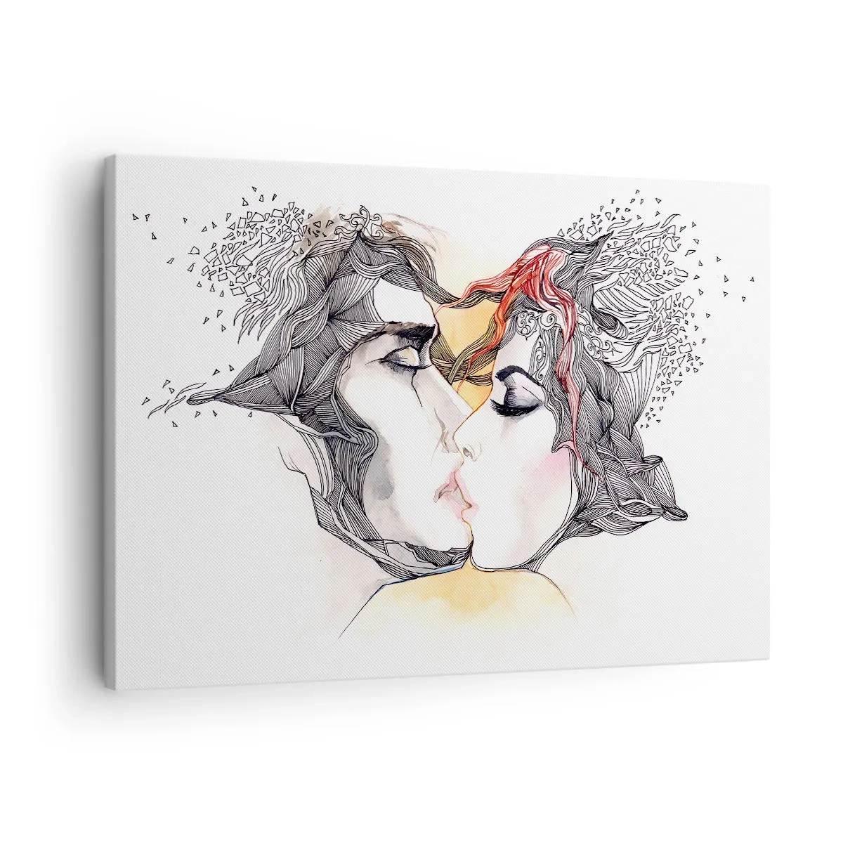 Canvastavla - Bild på duk - Konstnärligt porträtt av ett par med abstrakta hårmotiv - 70x50cm - Världen existerar inte - Modern väggdekoration för vardagsrum och sovrum ARTTOR
